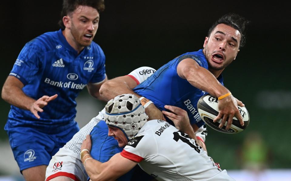 ames Lowe of Leinster is tackled by Michael Lowry, 15, and Jacob Stockdale of Ulster during the Guinness PRO14 Final match between Leinster and Ulster at the Aviva Stadium - GETTY IMAGES