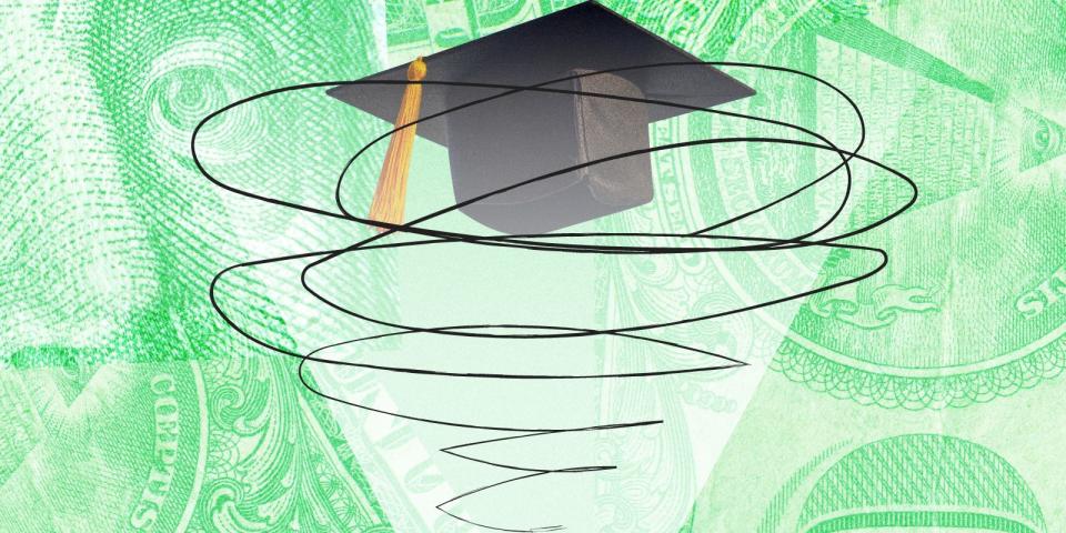 a hand holding a bright phone with a cyclone coming out containing a graduation cap, against a green background made up of collaged close-ups of a 100 dollar bill