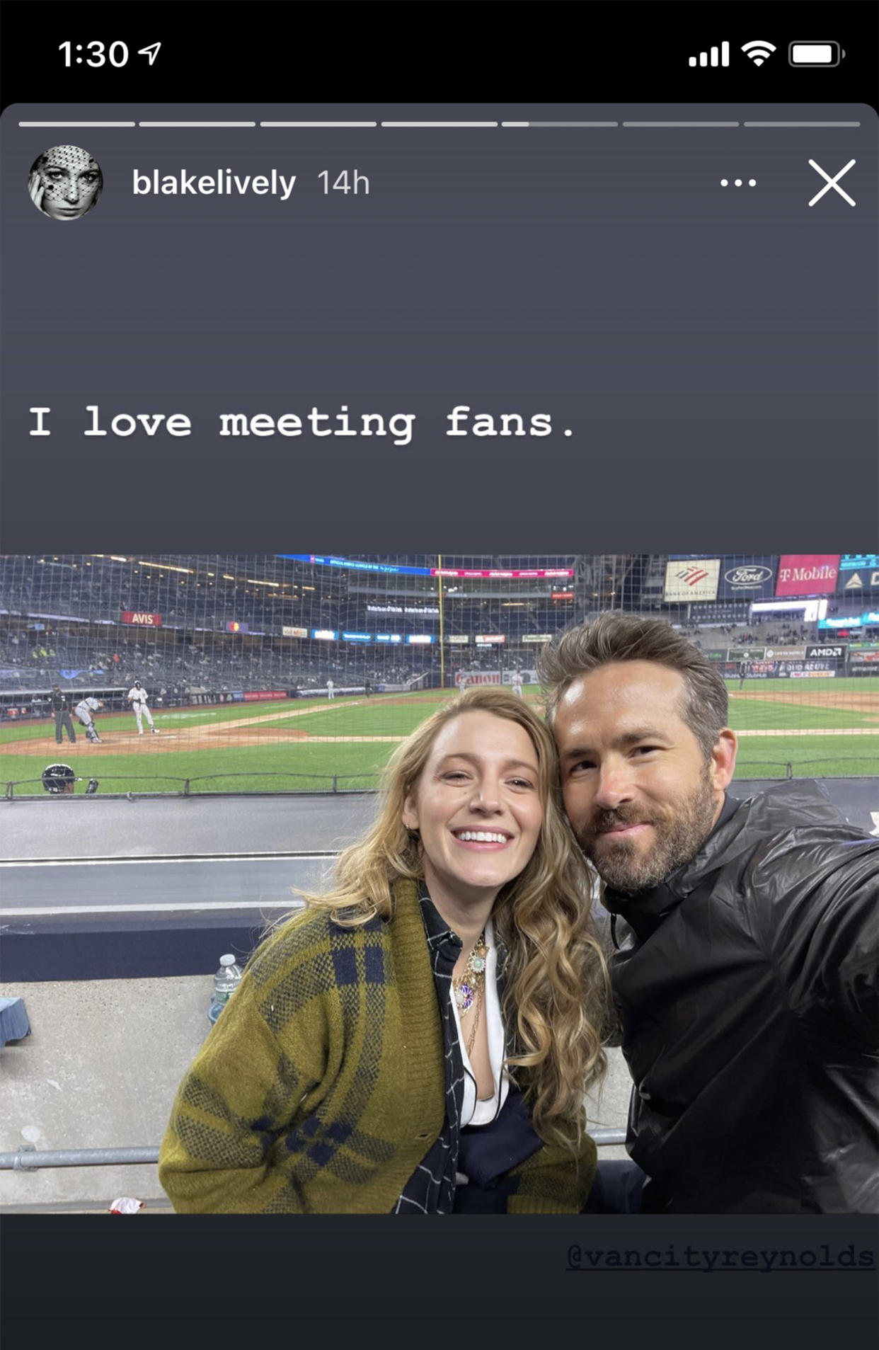 Blake Lively and Ryan Reynolds attended a New York Yankees game. (Blake Lively / Instagram)