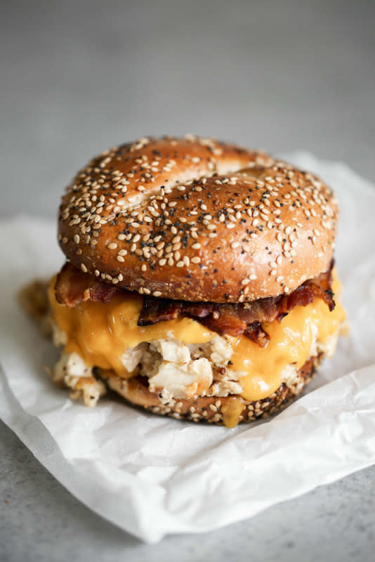 <p>CookingWithCocktailRings.com</p><p>Consists of an everything bagel, toasted and topped with chicken salad, Cheddar cheese and bacon.</p><p><strong>Get the recipe: <a href="http://www.cookingwithcocktailrings.com/sandwiches/2017/chicken-salad-bagel-sandwich" rel="nofollow noopener" target="_blank" data-ylk="slk:Chicken Salad Bagel Sandwich;elm:context_link;itc:0;sec:content-canvas" class="link ">Chicken Salad Bagel Sandwich</a></strong></p>