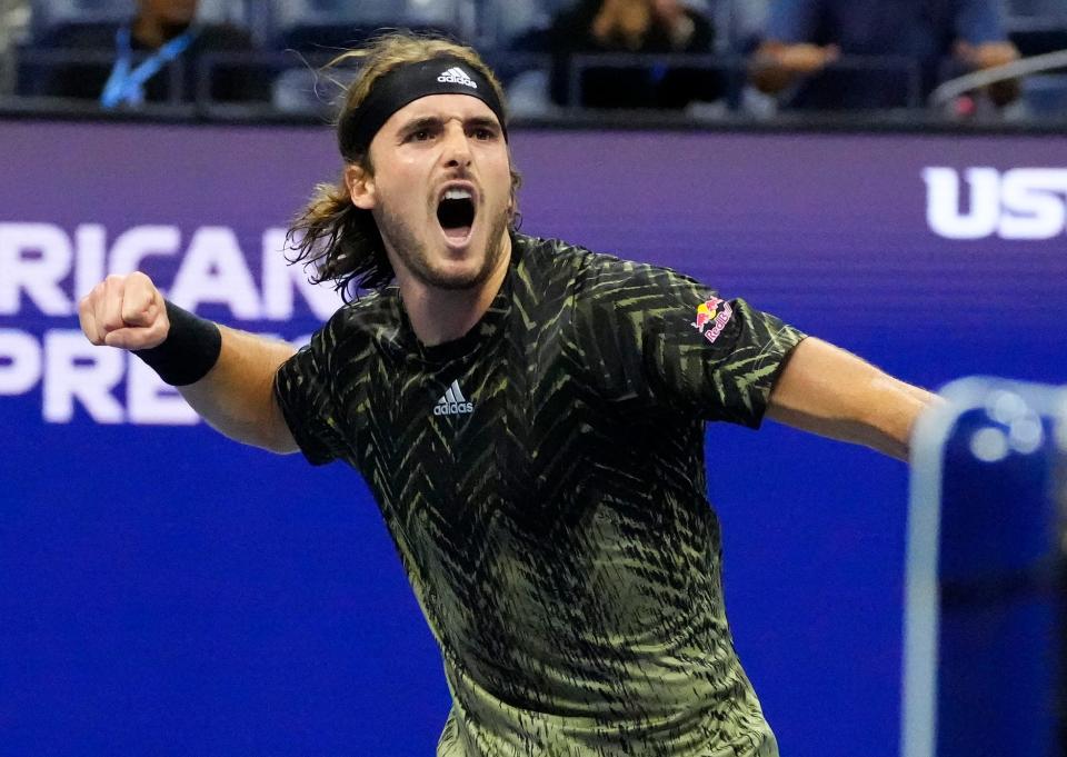 Stefanos Tsitsipas celebrates a service break in the fourth set against Adrian Mannarino.