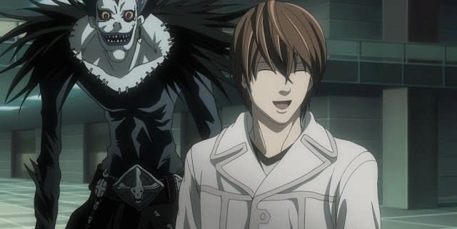 animated demon smiles behind an animated man wearing a trenchcoat