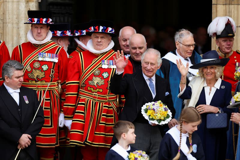 FILE PHOTO: Britain's King Charles and Camilla, Queen Consort attend the Maundy Thursday Service at York Minster