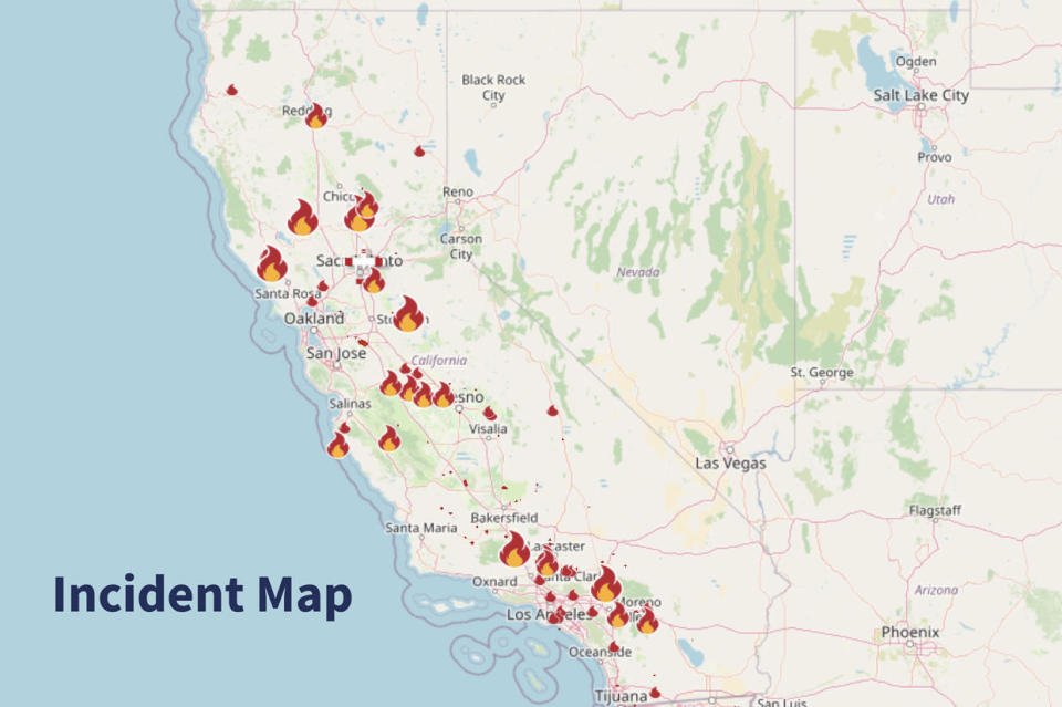 Firefighters are battling multiple wildfires across California, as seen on this map from Tuesday, June 18, 2024. / Credit: CalFire
