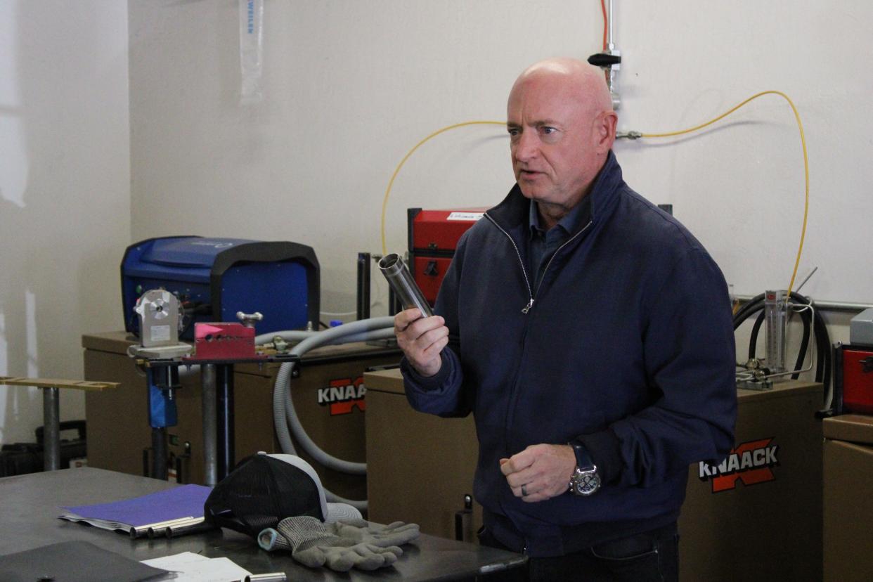 Sen. Mark Kelly, D-Ariz., at the Arizona Pipe Trade Joint Apprenticeship Center on December 1, 2023. Kelly said the decision by the Arizona Supeme Court to uphold an 1864 territorial abortion law sets women's rights u0022back two centuries.u0022