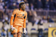 Philadelphia Union's Andre Blake reacts after making a final save for the win during the shootout of an MLS playoff soccer match against Nashville SC, Sunday, Nov. 28, 2021, in Chester, Pa. (AP Photo/Chris Szagola)