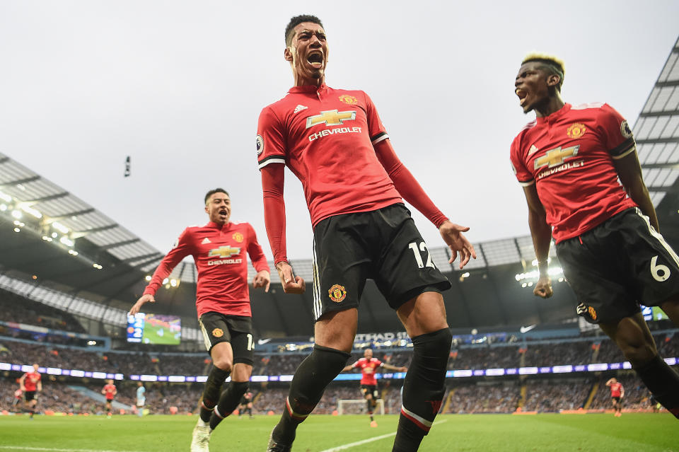 <p>In one of his finest moments in charge, Chris Smalling capped an incredible turn around as they came back from the dead to beat rivals Manchester City (Getty) </p>