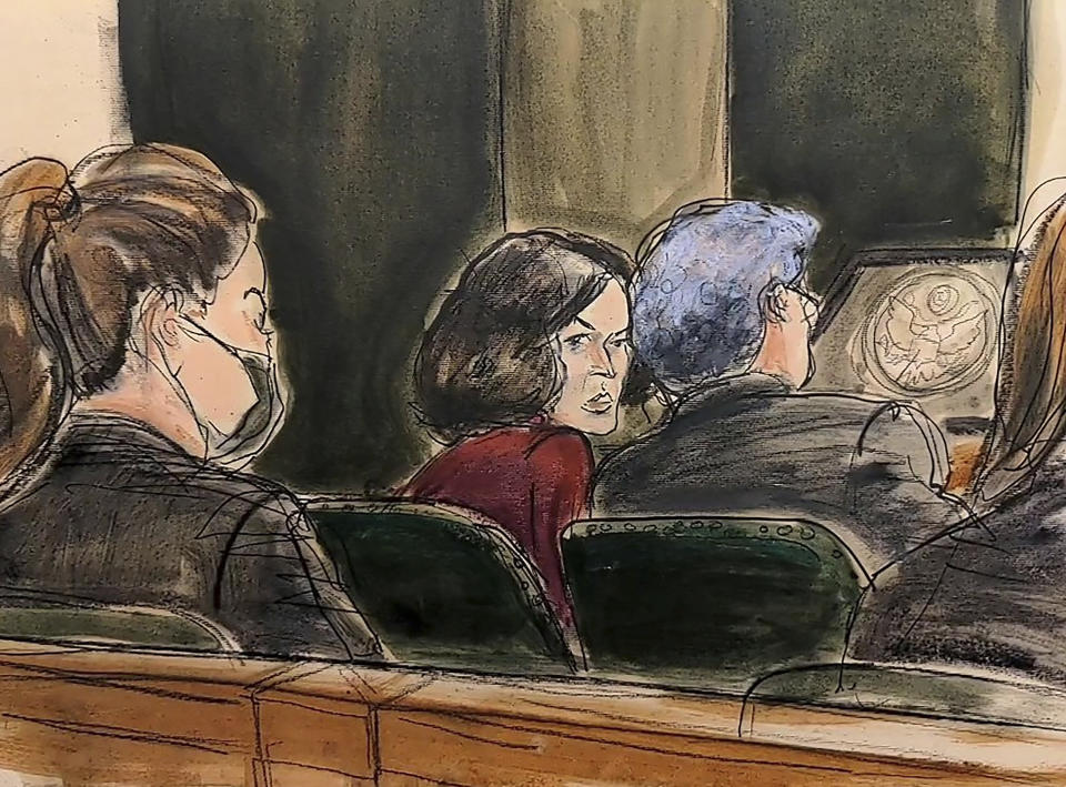 FILE - In this courtroom sketch, Ghislaine Maxwell center, confers with her defense attorney Jeffrey Pagliuca, right, before testimony begins in her sex-abuse trial, in New York, Wednesday, Dec. 8, 2021. (AP Photo/Elizabeth Williams, File)