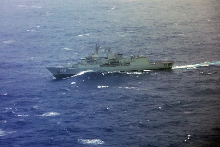 HMAS Toowoomba is seen from the Japan Coast Guard Gulfstream V aircraft whilst in the search zone for debris from Malaysia Airlines flight MH370 on April 1, 2014