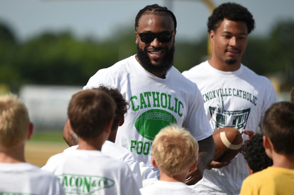 Houston Texans wide receiver Amari Rodgers coaches at a youth football camp held at Knoxville Catholic High School, Saturday, July 8, 2023.