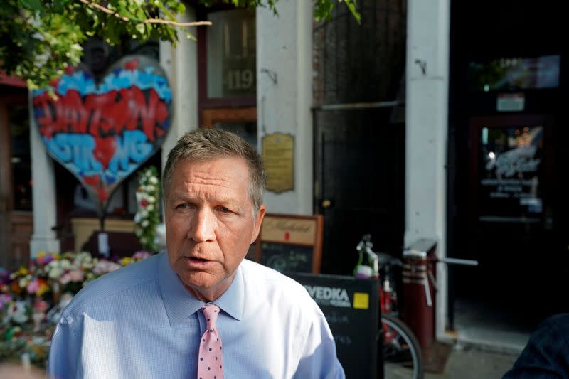 FILE PHOTO: Former Ohio Governor John Kasich speaks to the media gathered in front of Ned Peppers Bar, the site of Sunday morning's mass shooting in Dayton