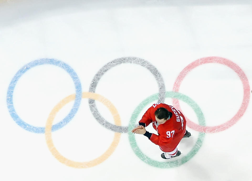 GANGNEUNG, SOUTH KOREA - FEBRUARY 25:   Nikita Gusev #97 of Olympic Athlete from Russia celebrates winning the gold medal against Germany during the Men's Gold Medal Game on day sixteen of the PyeongChang 2018 Winter Olympic Games at Gangneung Hockey Centre on February 25, 2018 in Gangneung, South Korea.  (Photo by Bruce Bennett/Getty Images)