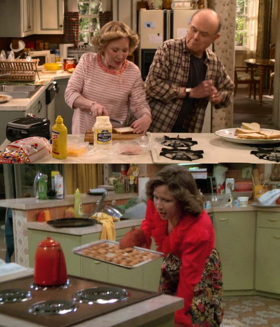 In the top photo: Debra Jo Rupp as Kitty and Kurtwood Smith as Red on season one, episode one of "That '90s Show." In the bottom photo: Rupp as Kitty on season one, episode one of "That '70s Show."