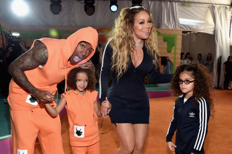 Exes Nick Cannon and Mariah with their kids, Moroccan and Monroe, on the red carpet at Nickelodeon's 2017 Kids' Choice Awards on March 11. (Photo: Alberto E. Rodriguez/Getty Images)