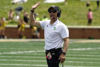 Wake Forest head coach Dave Clawson shouts to officials during the first half of an NCAA college football game against Vanderbilt in Winston-Salem, N.C., Saturday, Sept. 9, 2023. (AP Photo/Chuck Burton)