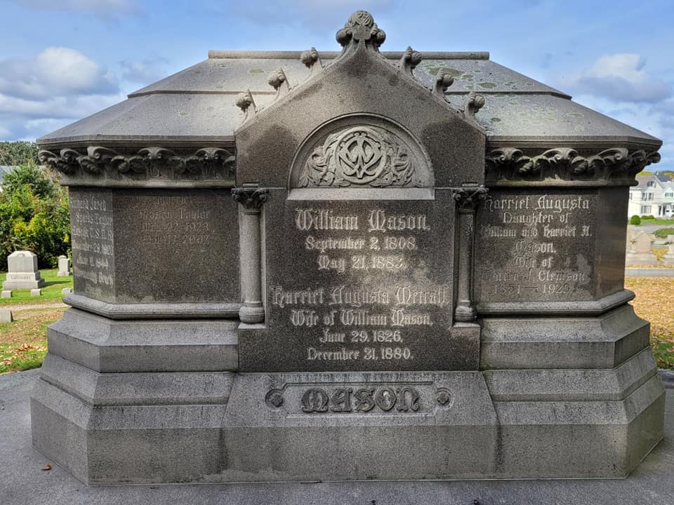 The tomb of William Mason, owner of Taunton's Mason Machine Works. He was an industrial pioneer, and his company made a number of different products over the years, from locomotives, to printing presses, to muskets for the war department during the Civil War. One of his locomotives would go on to appear in the 1999 Will Smith movie, "Wild Wild West." The tomb is part of the Mason family plot.