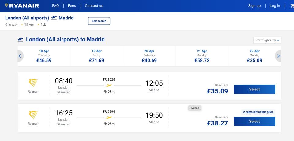 A screenshot of flight times and prices for Ryanair
