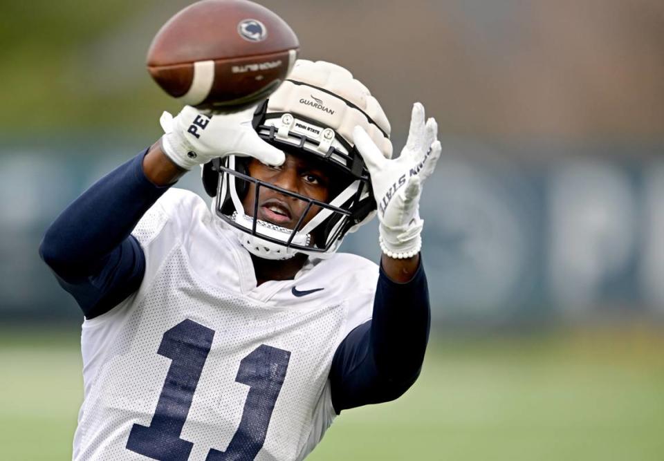 Penn State wide receiver Malik McClain makes a catch during practice on Tuesday, April 11, 2023.