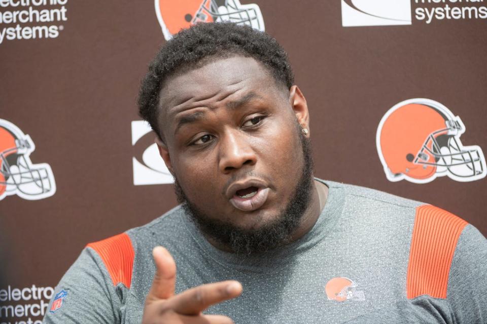 Browns offensive tackle Dawand Jones speaks to reporters before rookie minicamp in Berea, Friday, May 12, 2023.
