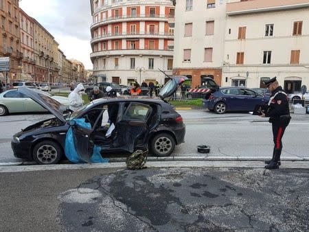 The car of the suspected shooter that opened fire on African migrants, identified as Luca Traini, 28, is seen in Macerata, Italy February 3, 2018. Italian Carabinieri/Handout via REUTERS