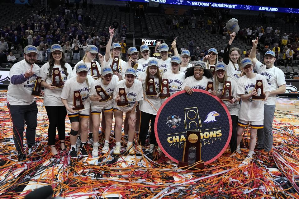 Ashland celebrates after the NCAA Women's Division 2 championship basketball game against Minnesota Duluth Saturday, April 1, 2023, in Dallas. Ashland won 78-67 to win the championship. (AP Photo/Darron Cummings)