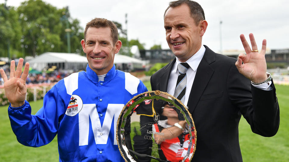 Hugh Bowman and Chris Waller. (Photo by Vince Caligiuri/Getty Images)