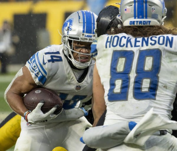 Detroit Lions wide receiver Amon-Ra St. Brown (L) totaled a career-high 146 targets last season. File Photo by Archie Carpenter/UPI