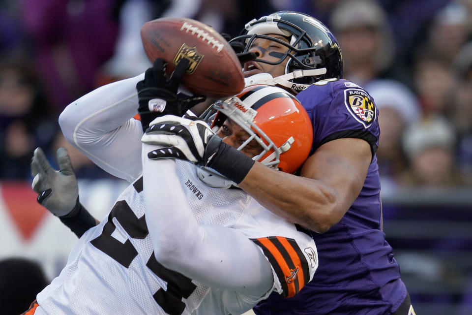 Sheldon Brown #24 of the Cleveland Browns intercepts a pass in the end zone intended for Lee Evans #83 of the Baltimore Ravens during the second half at M&T Bank Stadium on December 24, 2011 in Baltimore, Maryland. (Photo by Rob Carr/Getty Images)