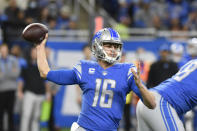 Detroit Lions quarterback Jared Goff passes during the first half of an NFL football game against the Arizona Cardinals, Sunday, Dec. 19, 2021, in Detroit. (AP Photo/Jose Juarez)
