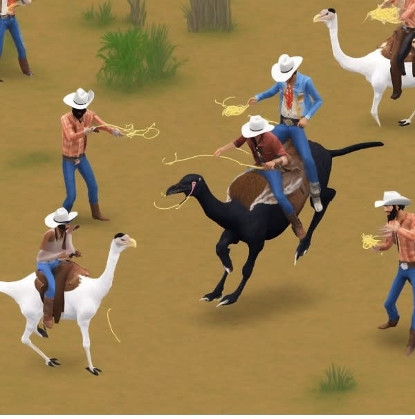 Animated cowboys riding ostriches and lassoing in a field