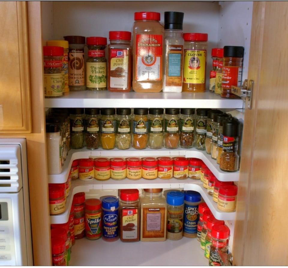 perimeter spice shelves in a cabinet