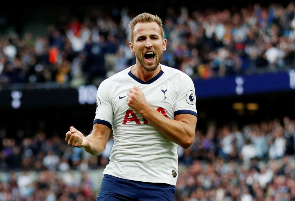 Soccer Football - Premier League - Tottenham Hotspur v Aston Villa - Tottenham Hotspur Stadium, London, Britain - August 10, 2019  Tottenham's Harry Kane celebrates scoring their third goal   Action Images via Reuters/Matthew Childs  EDITORIAL USE ONLY. No use with unauthorized audio, video, data, fixture lists, club/league logos or "live" services. Online in-match use limited to 75 images, no video emulation. No use in betting, games or single club/league/player publications.  Please contact your account representative for further details.