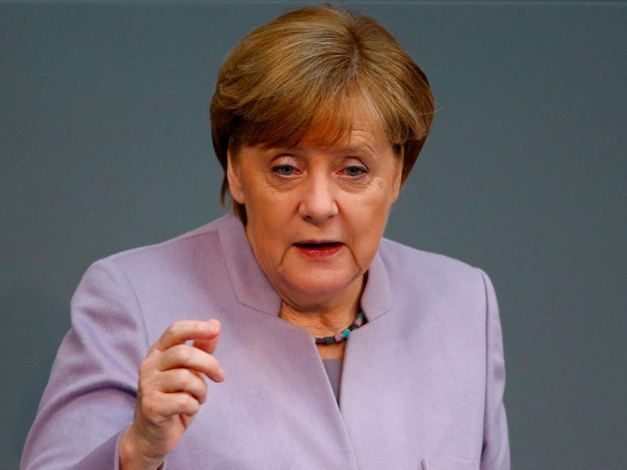 German Chancellor Angela Merkel addresses the lower house of parliament Bundestag in Berlin, Germany, April 27, 2017.