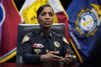 Memphis Police Director Cerelyn Davis speaks during an interview with The Associated Press in Memphis, Tenn., Friday, Jan. 27, 2023, in advance of the release of police body cam video showing Tyre Nichols being beaten by Memphis police officers. Nichols later died as a result of the incident. (AP Photo/Gerald Herbert)