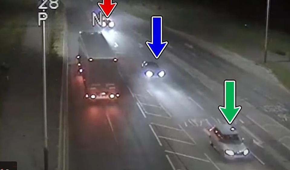 CCTV footage of the Seat Leon and Audi TT following the Skoda Fabia driven by Mohammed Hashim Ijazuddin and Saqib Hussain before the crash (PA)