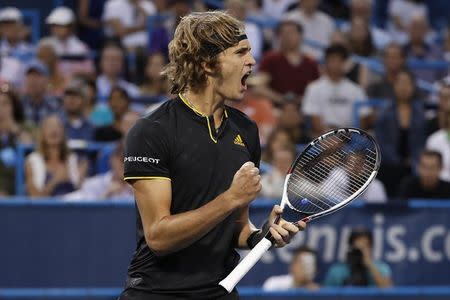 Aug 5, 2017; Washington, DC, USA; Alexander Zverev of Germany celebrates after match point against Kei Nishikori of Japan (not pictured) in a men's singles semifinal at Fitzgerald Tennis Center. Mandatory Credit: Geoff Burke-USA TODAY Sports