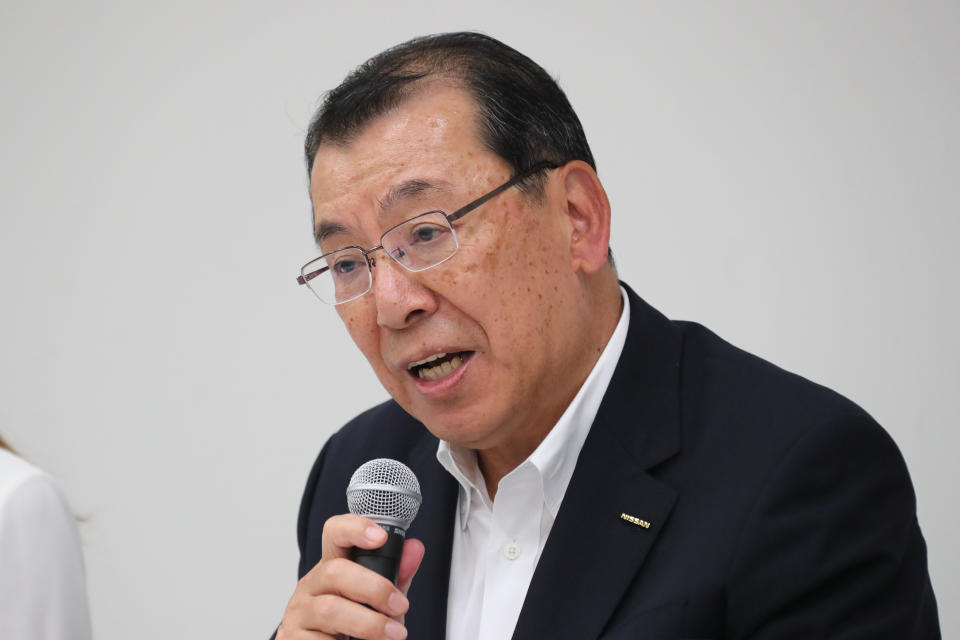 Nissan Motor Co.'s chair of the board of directors Yasushi Kimura speaks during a press conference in the automaker's headquarters in Yokohama, near Tokyo, Monday, Sept. 9, 2019. Calls for resignation, which arose after the arrest last year of his predecessor Carlos Ghosn on various financial misconduct allegations, have grown louder after Nissan Chief Executive Hiroto Saikawa acknowledged last week that he had received dubious payments. The automaker's board is meeting Monday to look into the allegations against Saikawa. (AP Photo/Koji Sasahara)