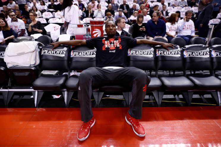 Serge Ibaka sits and waits. (Getty)