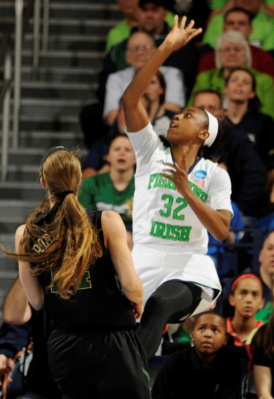 Notre Dame guard Jewell Loyd puts up a shot in the first half of their NCAA women's college basketball tournament regional final game at the Purcell Pavilion in South Bend, Ind Monday March 31, 2014. (AP Photo/Joe Raymond)