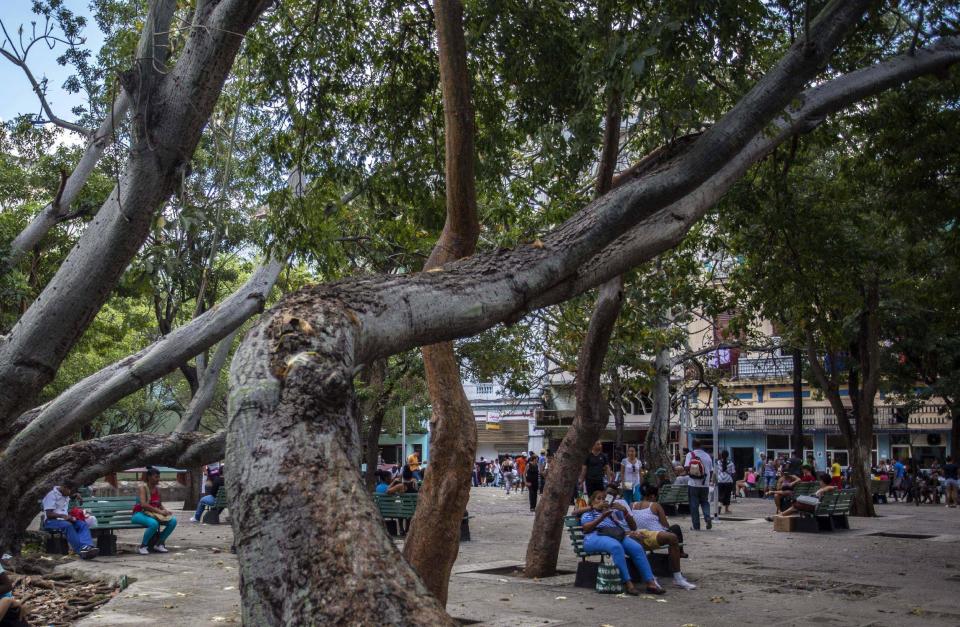 In this Jan. 6, 2017 photo, people use a public wifi hotspot in Havana, Cuba. Cuba depended on slow, expensive satellite internet until 2013, when it opened a fiber-optic cable to Venezuela that connected the island to the global online infrastructure. (AP Photo/Desmond Boylan)