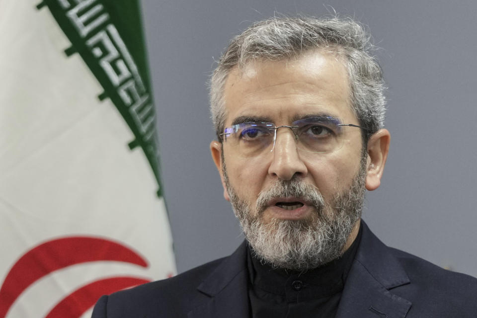 Iranian interim foreign minister Ali Bagheri Kani speaks during a news conference with Lebanese Foreign Minister Abdallah Bouhabib, after their meeting in Beirut, Lebanon, Monday, June 3, 2024. Kani arrived in Lebanon Monday, his first official diplomatic visit since his predecessor died in a helicopter crash last month. (AP Photo/Hassan Ammar)