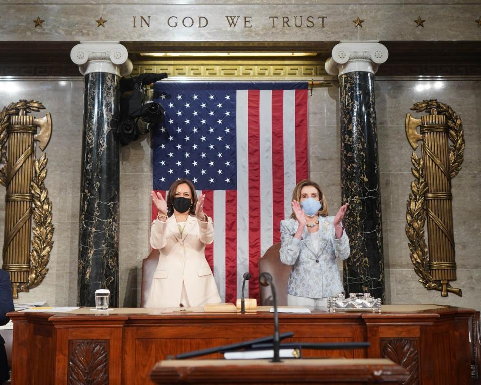 Kamala Harris and Nancy Pelosi after Joe Biden's address to Congress in April 2021.