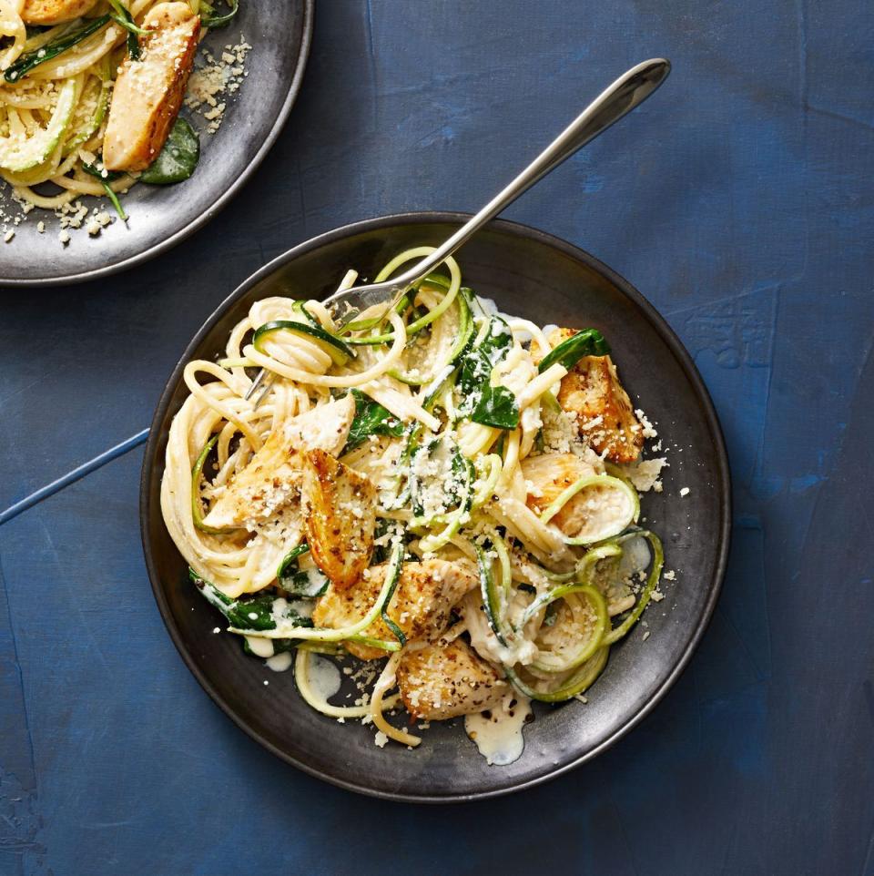 creamy chicken and zoodle recipe on a plate