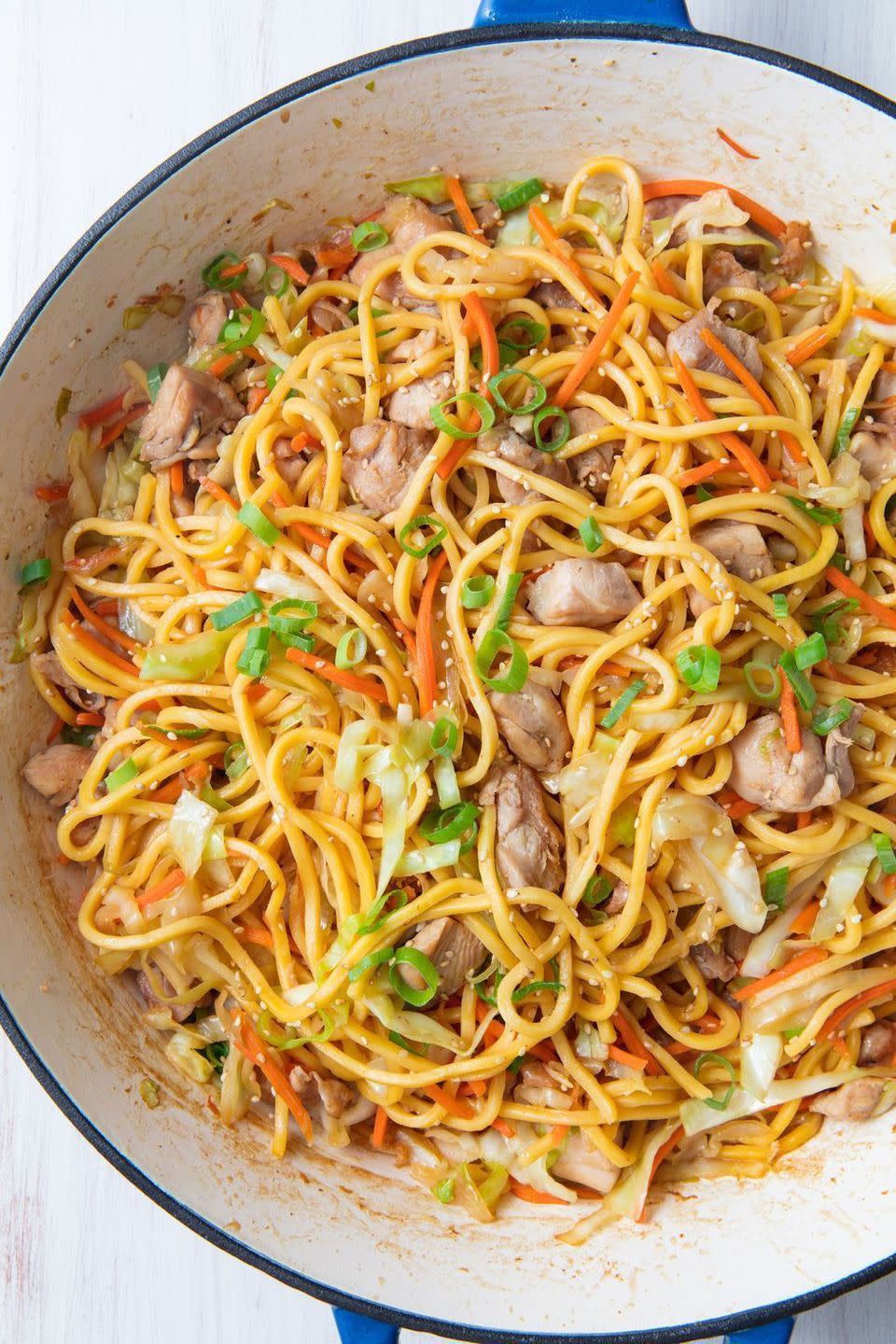 <p>Chow mein is our go-to for all types of meals, from an <a href="https://www.delish.com/uk/easy-dinner-ideas/" rel="nofollow noopener" target="_blank" data-ylk="slk:easy dinner;elm:context_link;itc:0;sec:content-canvas" class="link ">easy dinner</a> to a serious <a href="https://www.delish.com/uk/cocktails-drinks/a30873516/hangover-cures/" rel="nofollow noopener" target="_blank" data-ylk="slk:hangover;elm:context_link;itc:0;sec:content-canvas" class="link ">hangover</a>. We love the kick this recipe gets from fresh ginger, but if you're not a fan, skip it.</p><p>Get the <a href="https://www.delish.com/uk/cooking/recipes/a30959950/chicken-chow-mein-recipe/" rel="nofollow noopener" target="_blank" data-ylk="slk:Chicken Chow Mein;elm:context_link;itc:0;sec:content-canvas" class="link ">Chicken Chow Mein</a> recipe.</p>