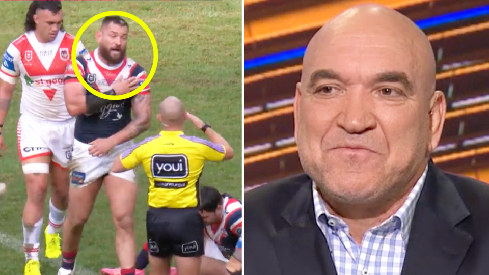 Jared Waerea-Hargreaves (pictured left) speaking to the referee and Gorden Tallis reacts. 