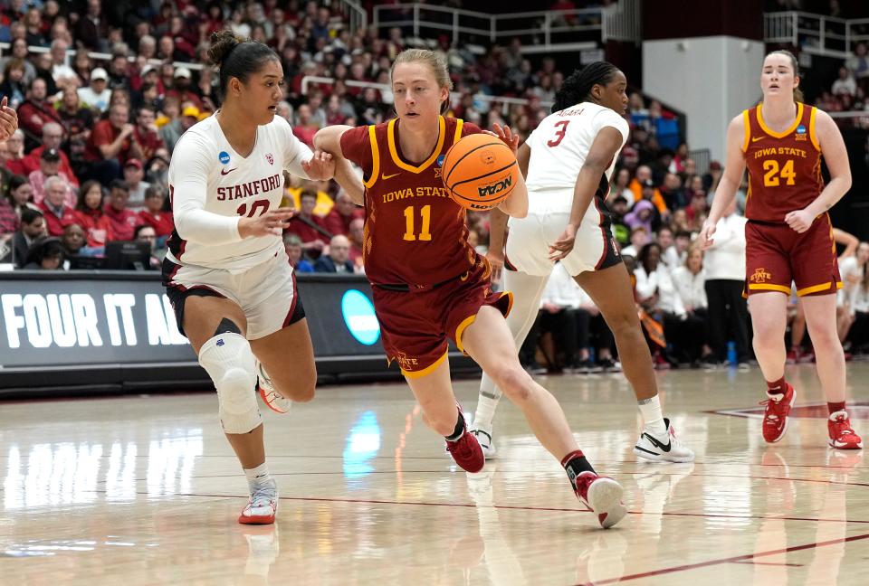 Iowa State's Emily Ryan drives to the basket during a March 24 NCAA Tournament game at Stanford.