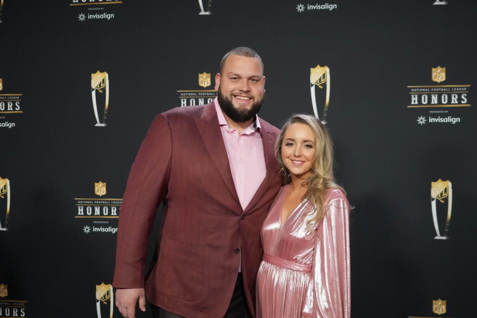 Cleveland Browns All-Pro left guard Joel Bitonio and his wife Courtney pose on the red carpet prior to the NFL Honors program in February.