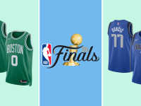 A colorful collage with jerseys from Jayson Tatum and Luka Doncic and the NBA Finals logo in the middle of the image.