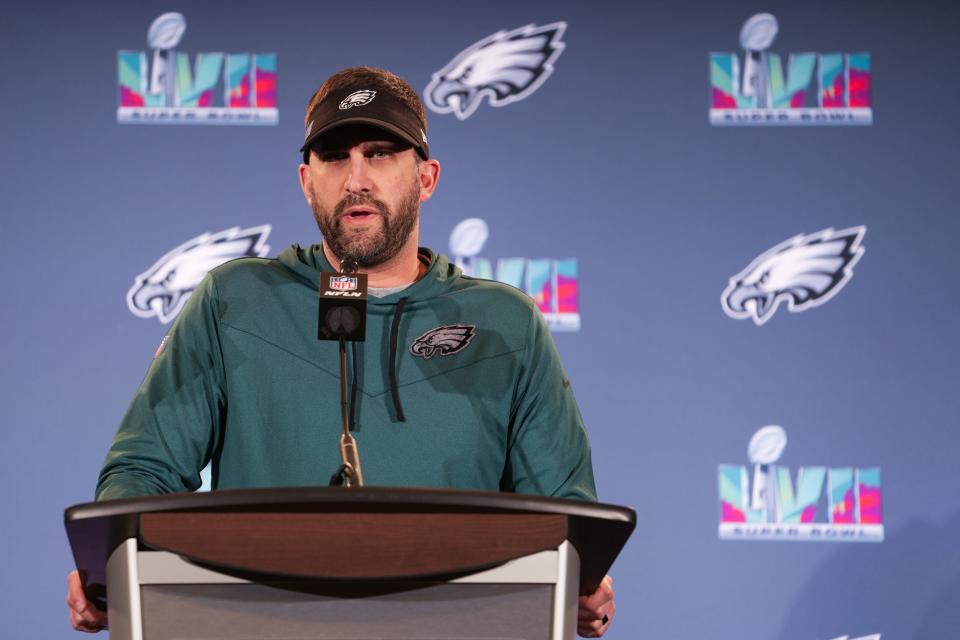 Nick Sirianni, Eagles head coach, speaks to media during a press conference at the Sheraton Grand at Wild Horse Pass on Wednesday, Feb. 8, 2023, in Phoenix.