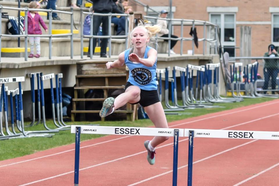South Burlington's Mia Carmoli wins the 300 mtr hurdles at the Essex Vacational Track and Field meet on Thursday in Essex